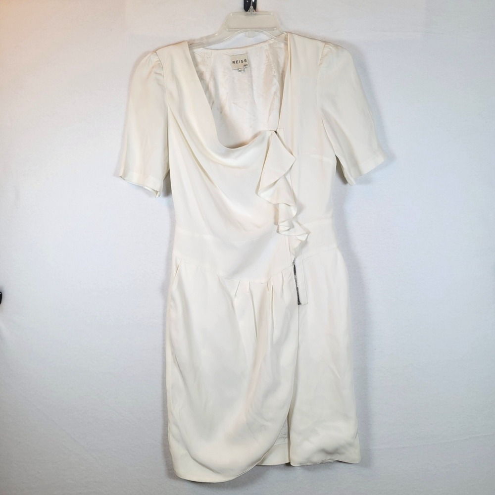 REISS Womens Faux Wrap Ruffle Sheath Dress Size 4 White Bachelorette Bride Party